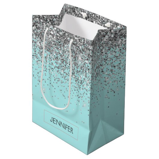 Blauwgroen Aqua Blue Silver Glitter Girly Monogram Medium Cadeauzakje (Voorkant Gekanteld)