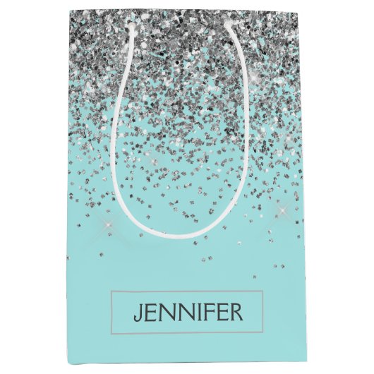 Blauwgroen Aqua Blue Silver Glitter Girly Monogram Medium Cadeauzakje (Voorkant)