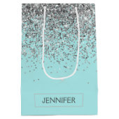 Blauwgroen Aqua Blue Silver Glitter Girly Monogram Medium Cadeauzakje (Achterkant)