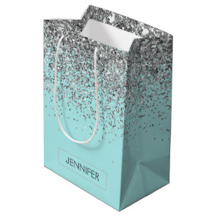 Blauwgroen Aqua Blue Silver Glitter Girly Monogram Medium Cadeauzakje