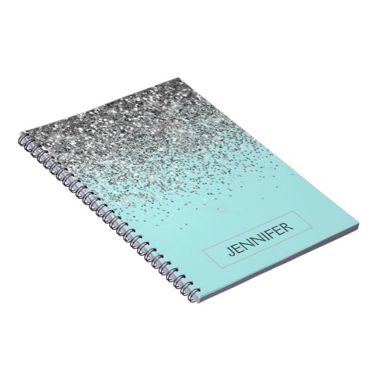 Blauwgroen Aqua Blue Silver Glitter Girly Monogram Notitieboek (Rechterzijde)