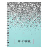 Blauwgroen Aqua Blue Silver Glitter Girly Monogram Notitieboek (Voorkant)