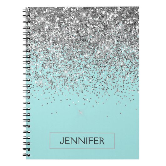Blauwgroen Aqua Blue Silver Glitter Girly Monogram Notitieboek (Voorkant)