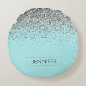 Blauwgroen Aqua Blue Silver Glitter Girly Monogram Rond Kussen (Voorkant)