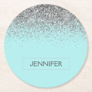 Blauwgroen Aqua Blue Silver Glitter Girly Monogram Ronde Kartonnen Onderzetter
