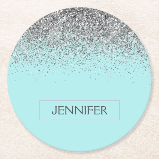 Blauwgroen Aqua Blue Silver Glitter Girly Monogram Ronde Kartonnen Onderzetter (Voorkant)