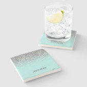 Blauwgroen Aqua Blue Silver Glitter Girly Monogram Stenen Onderzetter (Zijkant)