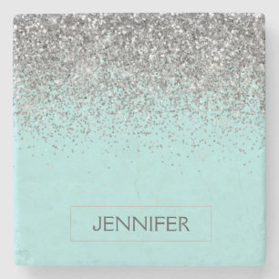 Blauwgroen Aqua Blue Silver Glitter Girly Monogram Stenen Onderzetter