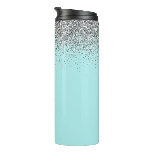 Blauwgroen Aqua Blue Silver Glitter Girly Monogram Thermosbeker (Geroteerd rechts)