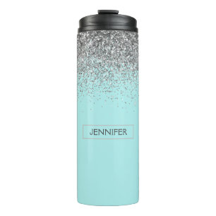 Blauwgroen Aqua Blue Silver Glitter Girly Monogram Thermosbeker