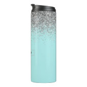 Blauwgroen Aqua Blue Silver Glitter Girly Monogram Thermosbeker (Geroteerd rechts)