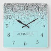 Blauwgroen Aqua Blue Silver Glitter Girly Monogram Vierkante Klok (Voorkant)