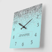 Blauwgroen Aqua Blue Silver Glitter Girly Monogram Vierkante Klok (Hoek)