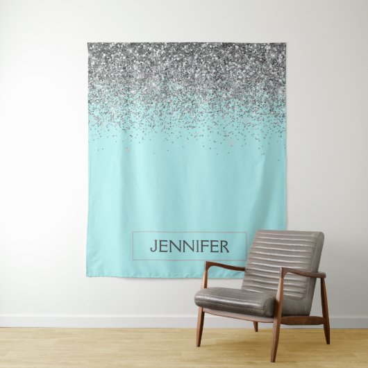 Blauwgroen Aqua Blue Silver Glitter Girly Monogram Wandkleed (In situ)
