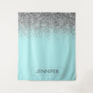 Blauwgroen Aqua Blue Silver Glitter Girly Monogram Wandkleed