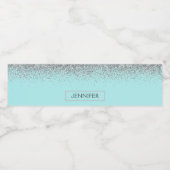 Blauwgroen Aqua Blue Silver Glitter Girly Monogram Waterfles Etiket (Enkel label)