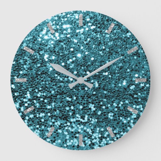 Blauwgroen Aqua Blue Sparkly Faux Glitter Gray Grote Klok (Voorkant)