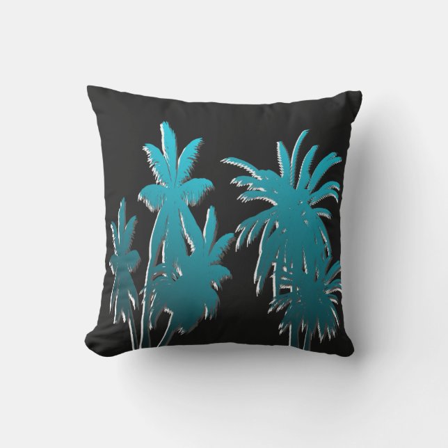 Blauwgroen Aqua Blue Tropical Palm Trees Black Buitenkussen (Voorkant)