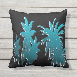 Blauwgroen Aqua Blue Tropical Palm Trees Black Buitenkussen