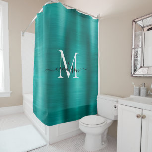 Blauwgroen Aqua Brushed Metal Monogram Girly Scrip Douchegordijn