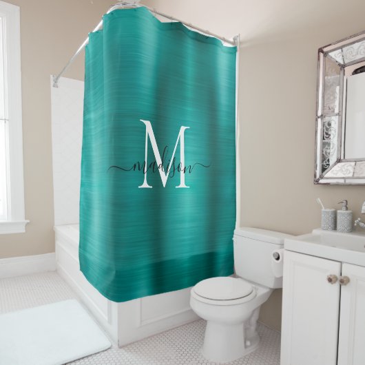 Blauwgroen Aqua Brushed Metal Monogram Girly Scrip Douchegordijn (In situ)