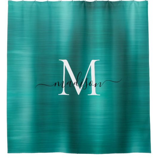Blauwgroen Aqua Brushed Metal Monogram Girly Scrip Douchegordijn (Voorkant)