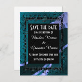 Blauwgroen aqua damask en zwart sparen de datum aankondigingskaart (Voorkant / Achterkant)