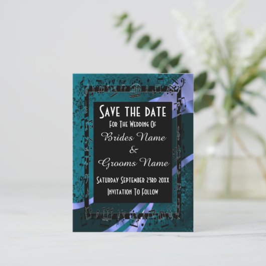 Blauwgroen aqua damask en zwart sparen de datum aankondigingskaart (Staand voorkant)