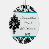 Blauwgroen Aqua Damask Lace gepersonaliseerde naam Keramisch Ornament (Rechts)