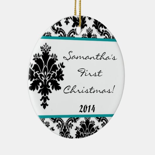 Blauwgroen Aqua Damask Lace gepersonaliseerde naam Keramisch Ornament (Rechts)