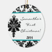 Blauwgroen Aqua Damask Lace gepersonaliseerde naam Keramisch Ornament (Links)