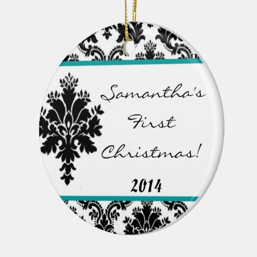 Blauwgroen Aqua Damask Lace gepersonaliseerde naam Keramisch Ornament (Links)