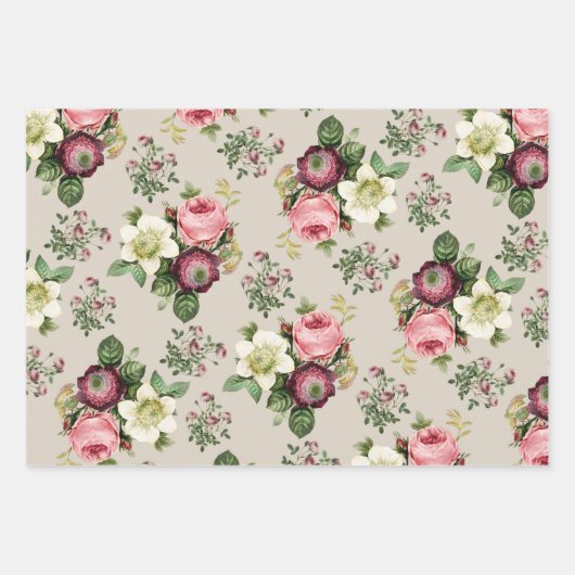 Blauwgroen, Aqua en Beige  Floral Roos Patroon Inpakpapier Vel (Voorkant 2)