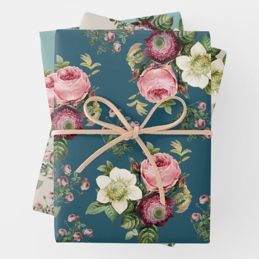 Blauwgroen, Aqua en Beige  Floral Roos Patroon Inpakpapier Vel (In situ)