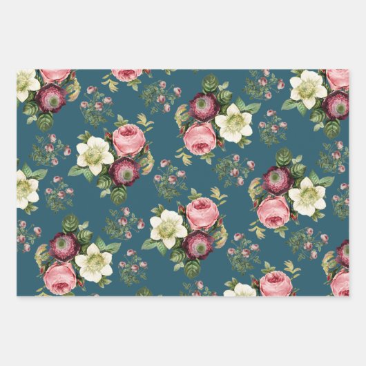 Blauwgroen, Aqua en Beige Floral Roos Patroon Inpakpapier Vel (Voorkant)