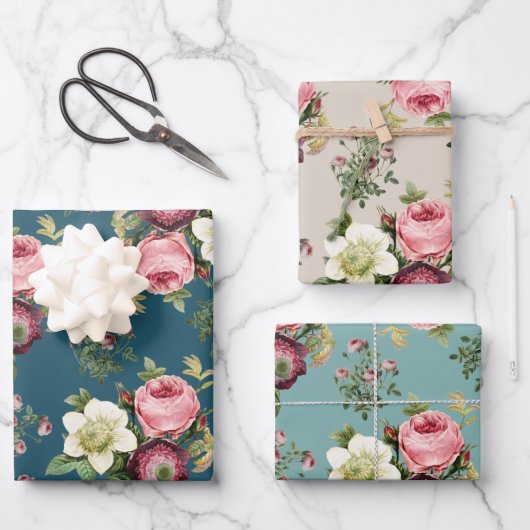 Blauwgroen, Aqua en Beige  Floral Roos Patroon Inpakpapier Vel (Voorkant)