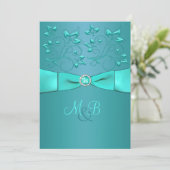 Blauwgroen, Aqua Floral II Monogram Weddenschap Kaart (Staand voorkant)