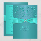 Blauwgroen, Aqua Floral II Monogram Weddenschap Kaart (Voorkant / Achterkant)