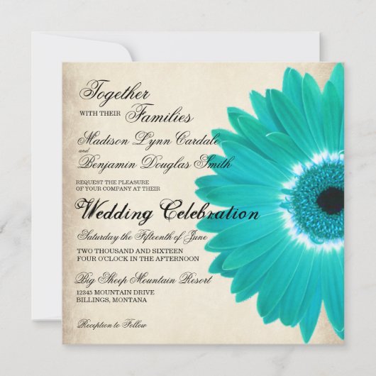 Blauwgroen Aqua Gerber Daisy Rustic Wedding Invita Kaart (Voorkant)