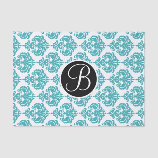 Blauwgroen Aqua Glam Damask Monogram Letter Initia Tissuepapier (Voorkant)