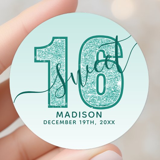 Blauwgroen Aqua Glitter Script Sweet 16 Birthday Ronde Sticker