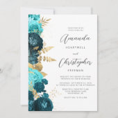 Blauwgroen Aqua Gold Floral QR Code Wedding Kaart (Voorkant)