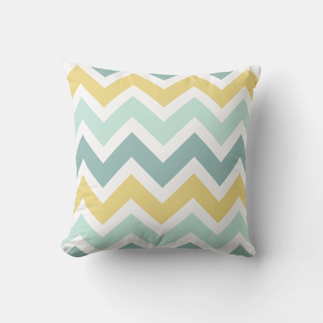 Blauwgroen, Aqua, Gold Zigzag Chevron Pattern Kussen (Voorkant)