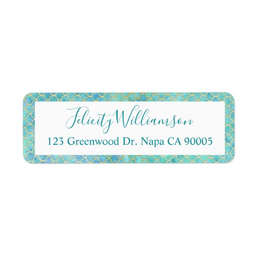 Blauwgroen, Aqua & Gouden Waterverf Zeemeermin Sch Etiket (Voorkant)