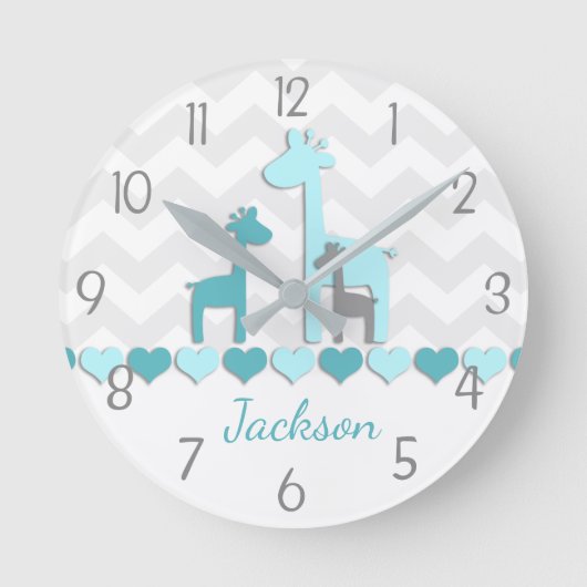 Blauwgroen Aqua Gray Giraffe Nursery Wall Clock Ronde Klok (Voorkant)