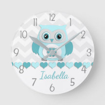 Blauwgroen Aqua Gray Owl Nursery Wall Clock