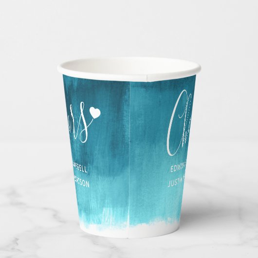 Blauwgroen aqua green blue abstract trouwbekertjes papieren bekers (Rechts)