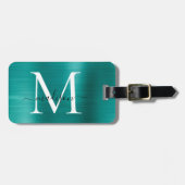 Blauwgroen Aqua Green Brushed Metal Script Monogra Bagagelabel (Voorkant horizontaal)