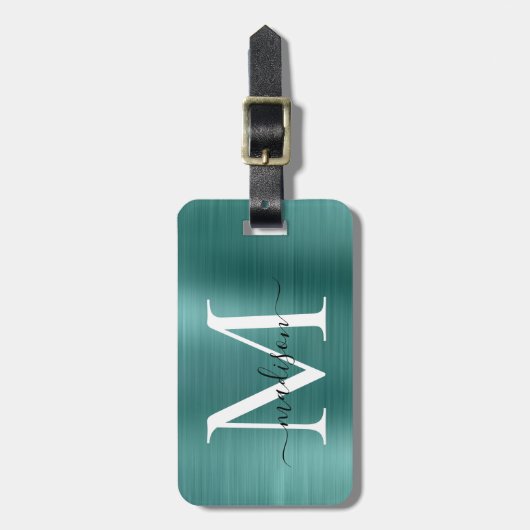 Blauwgroen Aqua Green Brushed Metal Script Monogra Bagagelabel (Voorkant verticaal)