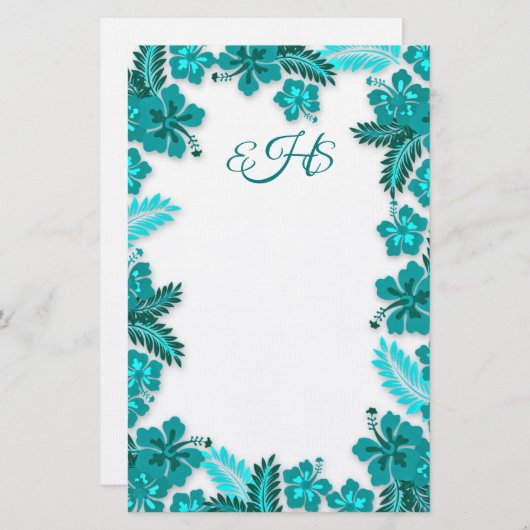 Blauwgroen Aqua Hibiscus Border Monogrammed Blank  Briefpapier (Voorkant / Achterkant)